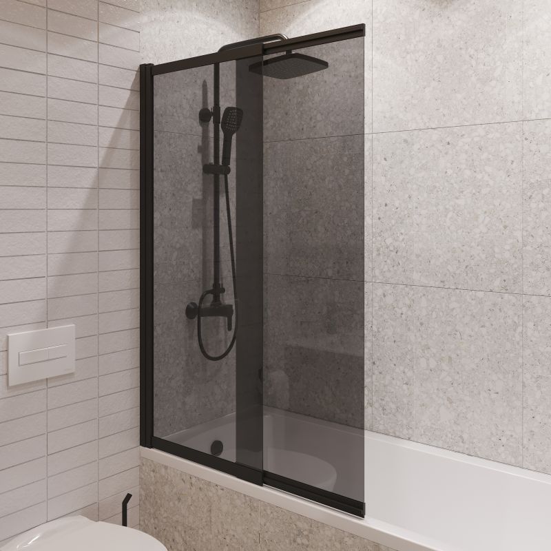 Шторка на ванну STWORKI Нюборг раздвижная 90х150, профиль черный матовый, тонированное стекло
