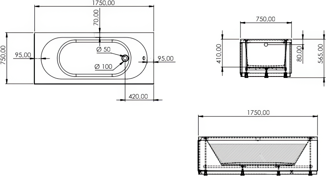 Акриловая ванна Artemis Poros 175x75 с экраном + душевая стойка STWORKI HWB0501-P01BK черная матовая