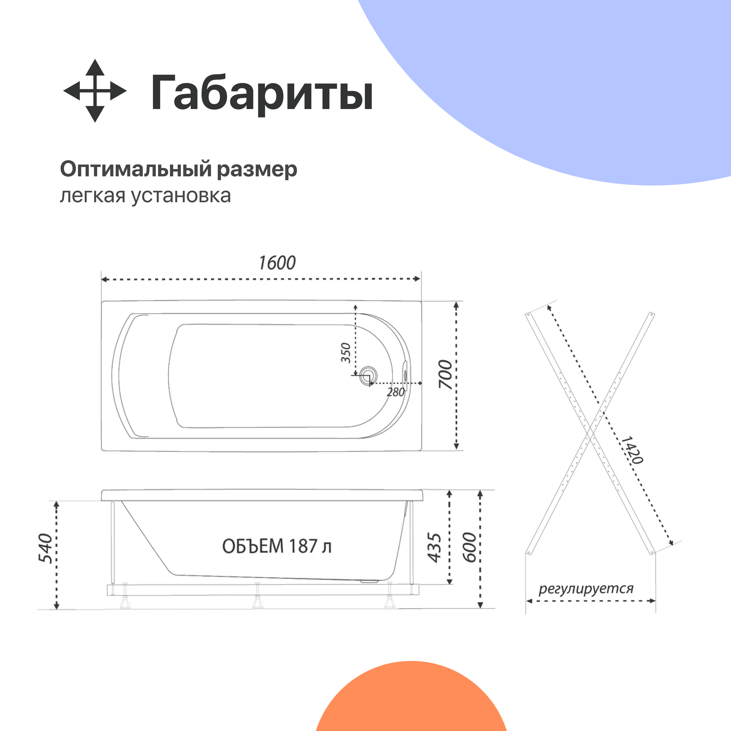 Акриловая ванна DIWO Углич 160x70 с каркасом