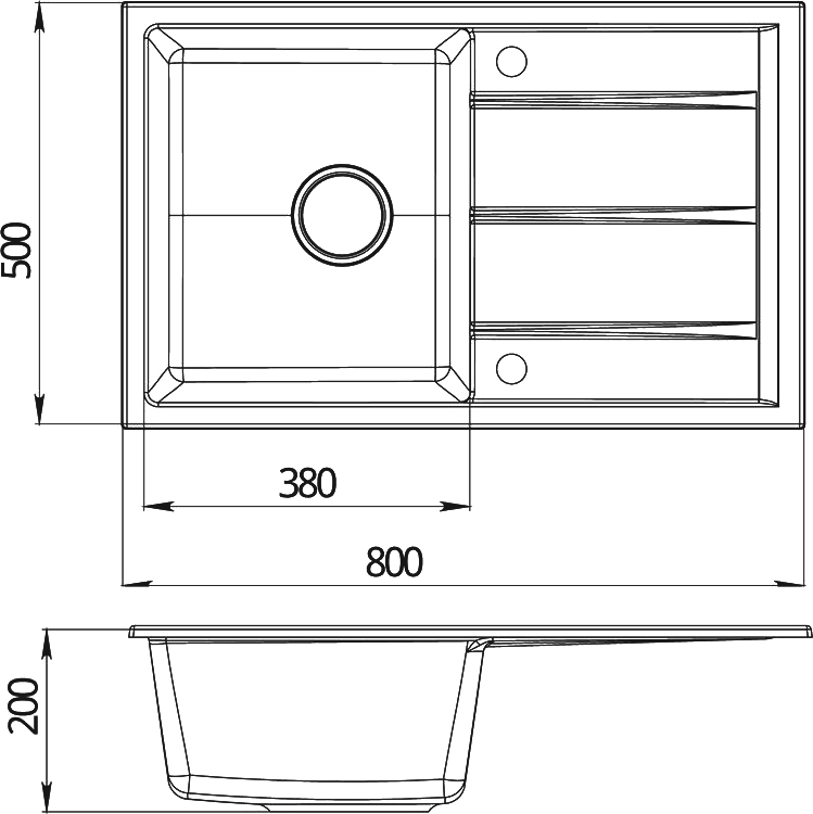 Мойка кухонная Domaci Солерно DMQ-1800.Q морион, 80х50, черная, кварцевая, с крылом, прямоугольная