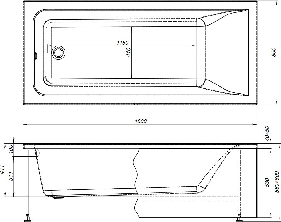 Акриловая ванна STWORKI Стокгольм 180x80 с каркасом, прямоугольная, российская, пристенная, встраиваемая