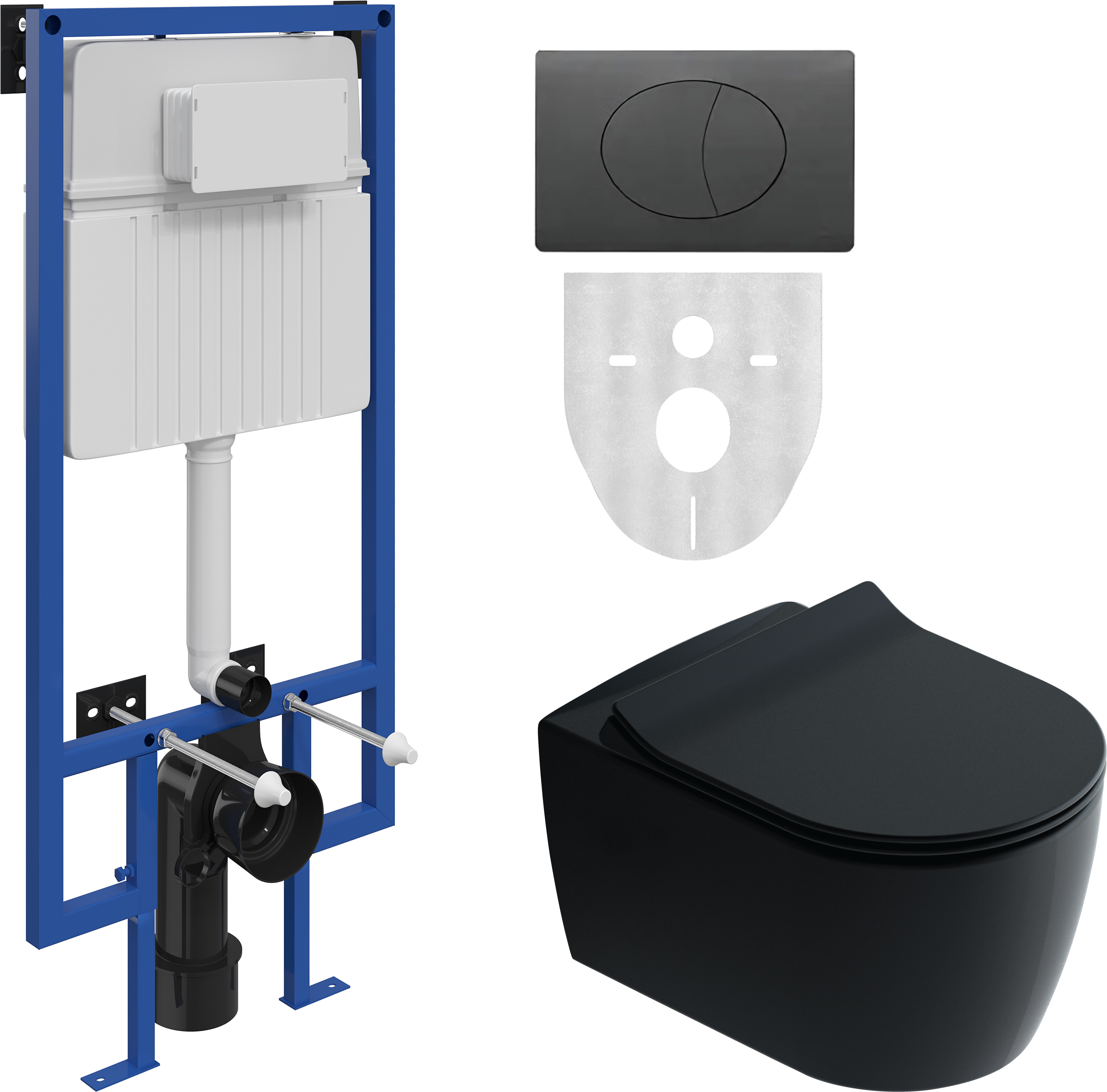 Комплект Унитаз подвесной STWORKI Ноттвиль SETK3104-2616 безободковый, с микролифтом, черный + Инсталляция 510162 + Кнопка 230858 черный матовый