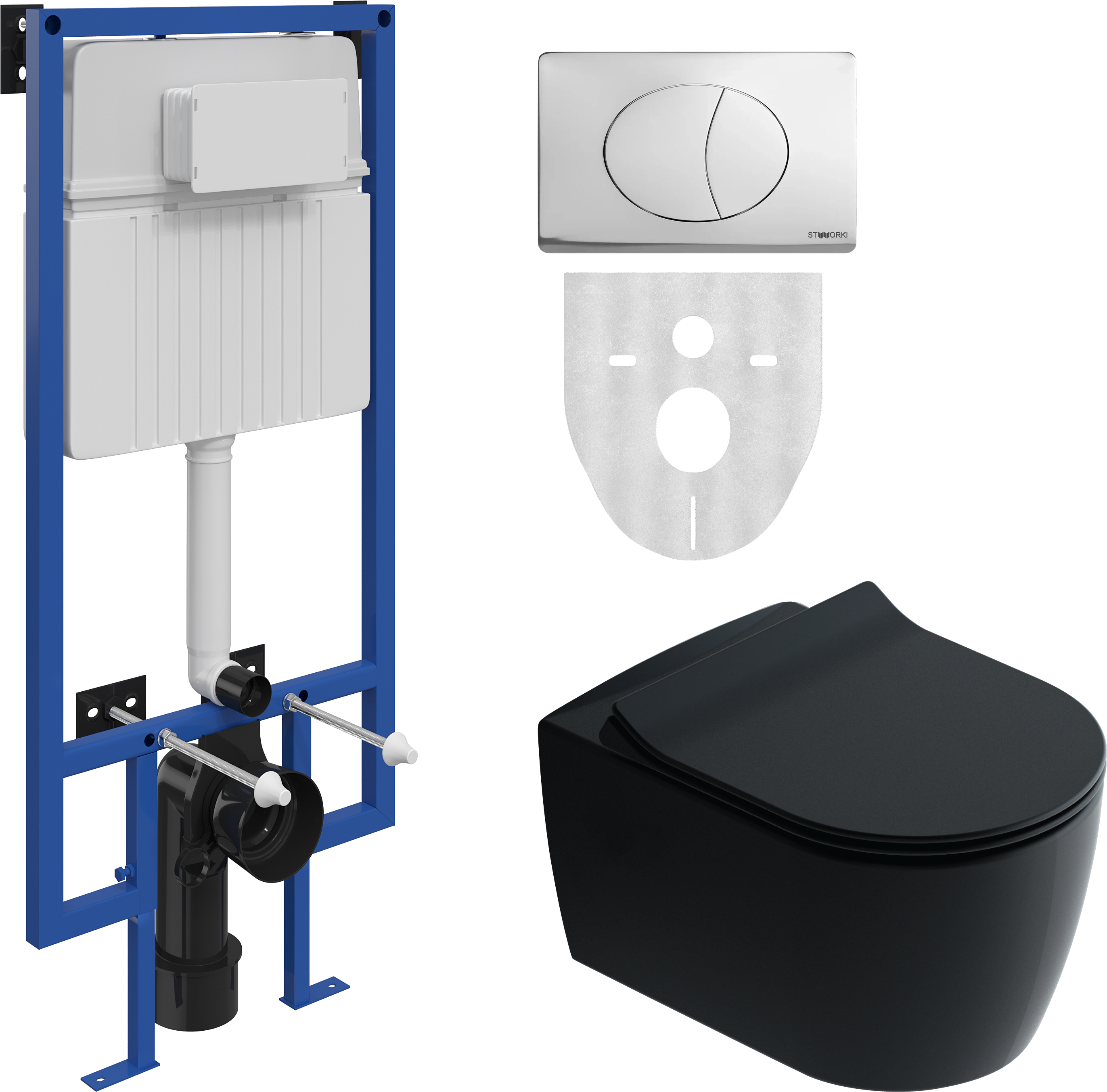Комплект Унитаз подвесной STWORKI Ноттвиль SETK3104-2616 безободковый, с микролифтом, черный + Инсталляция 510162 + Кнопка 230822 хром глянцевый