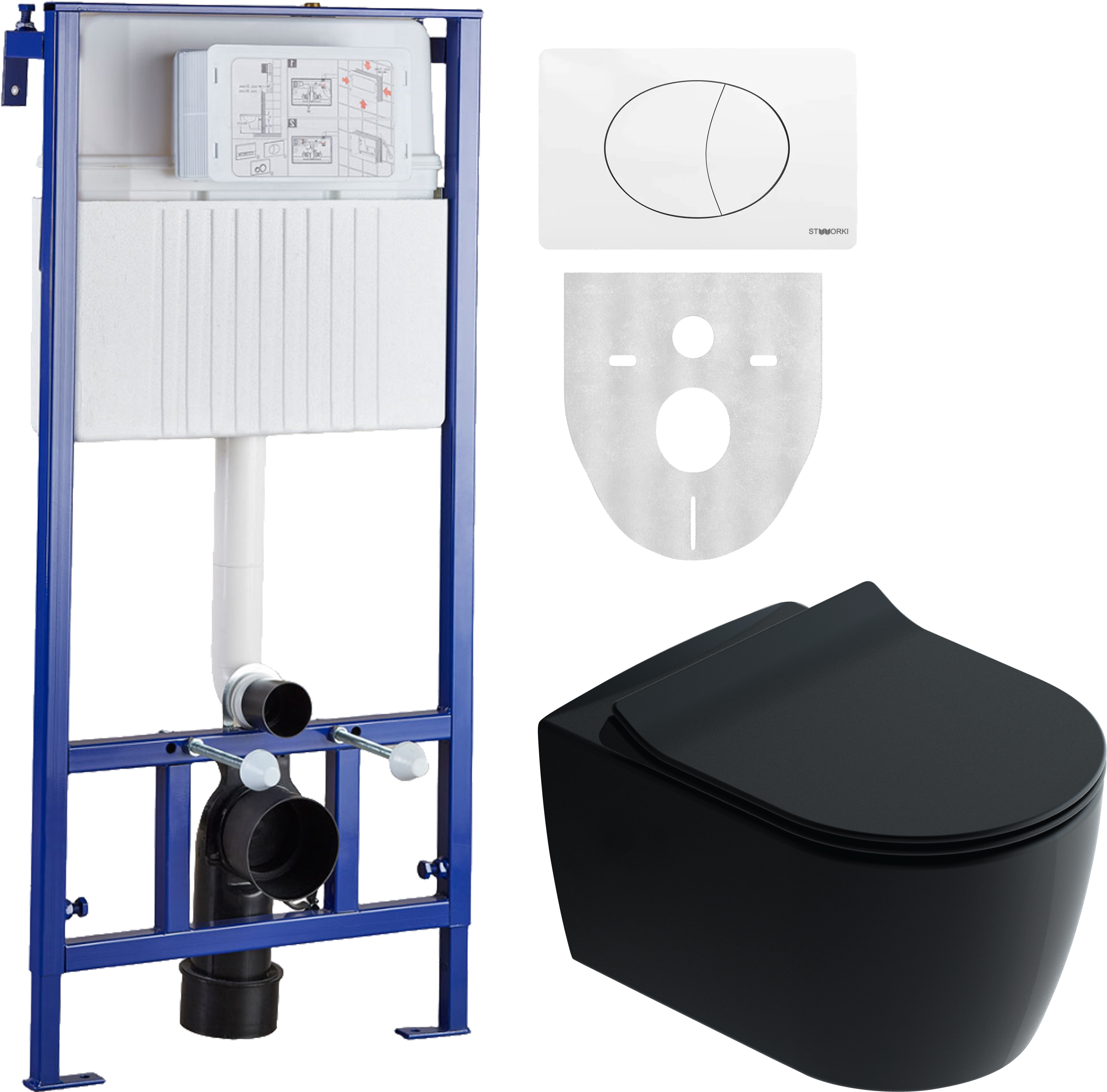 Комплект Унитаз подвесной STWORKI Ноттвиль SETK3104-2616 безободковый, с микролифтом, черный + Инсталляция 510163 + Кнопка 230824 белая