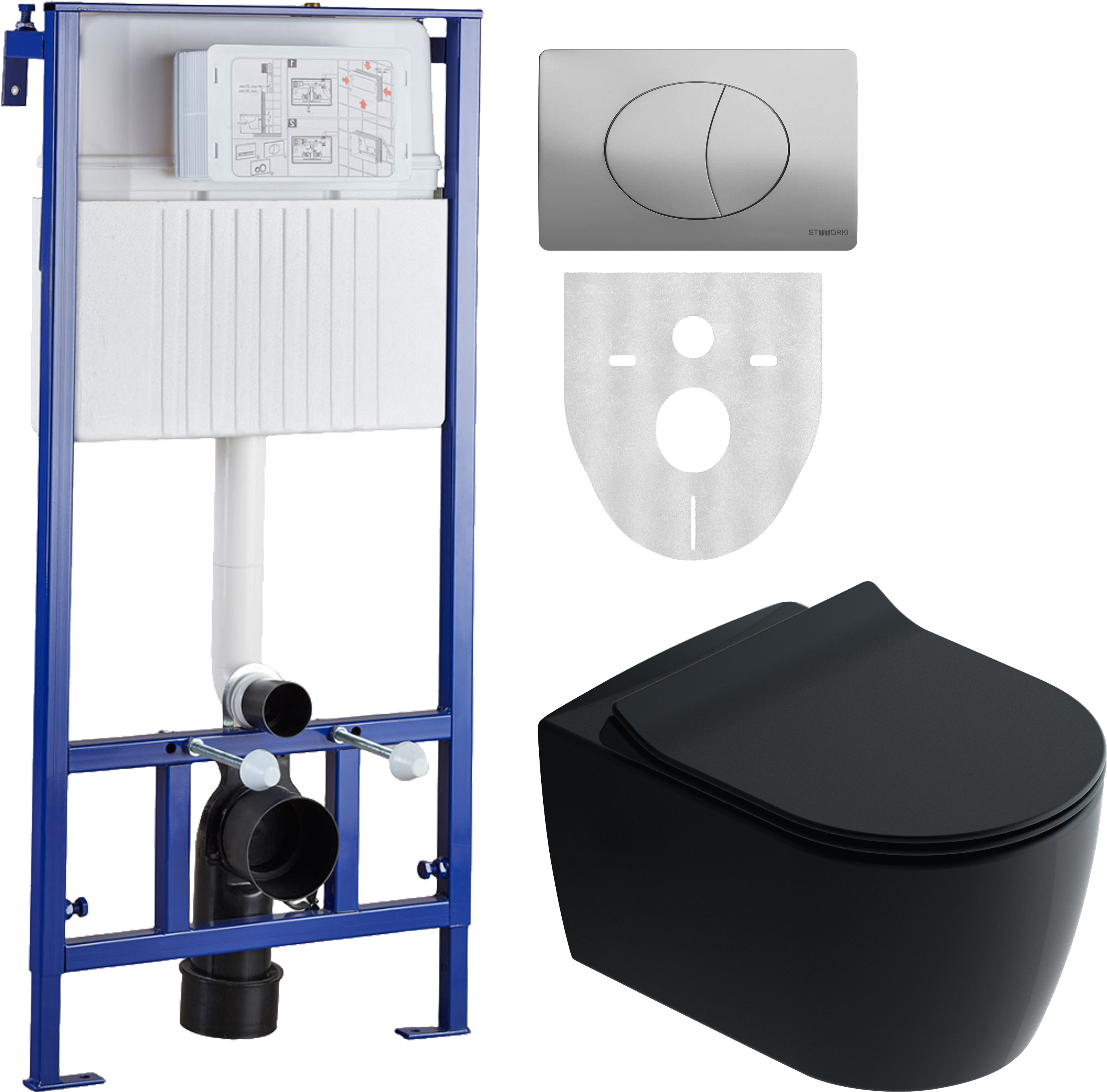Комплект Унитаз подвесной STWORKI Ноттвиль SETK3104-2616 безободковый, с микролифтом, черный + Инсталляция 510163 + Кнопка 230823 хром матовый