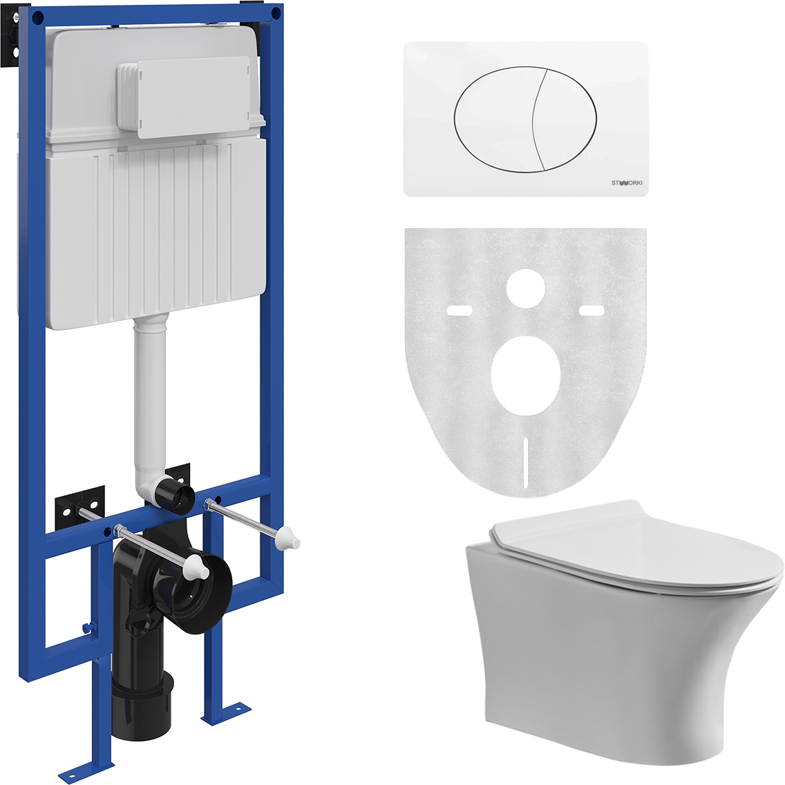Комплект Унитаз подвесной STWORKI Дублин Db-01UP безободковый, с микролифтом, подвесной, с прямым выпуском, фарфоровый + Инсталляция 510162 + Кнопка 230824 белая