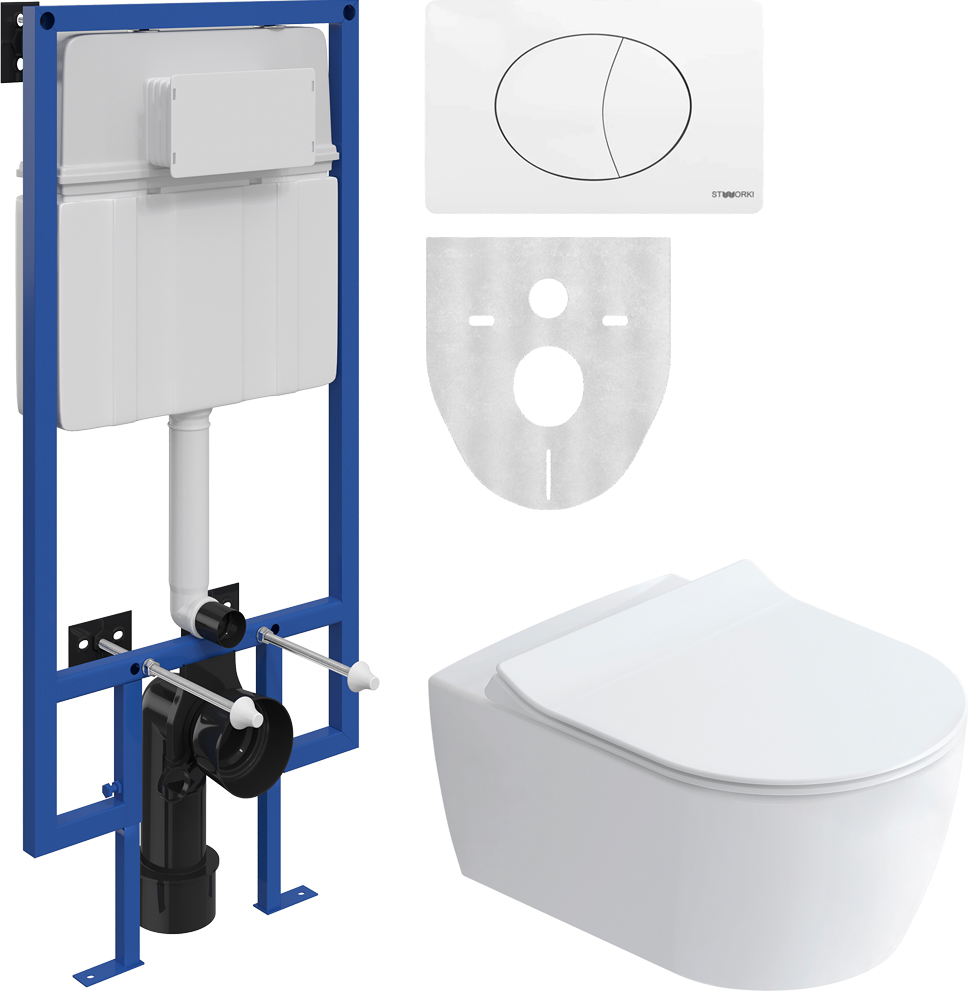 Комплект Унитаз подвесной STWORKI Ноттвиль SETK3104-2616 безободковый, с микролифтом, белый + Инсталляция 510163 + Кнопка 230824 белая