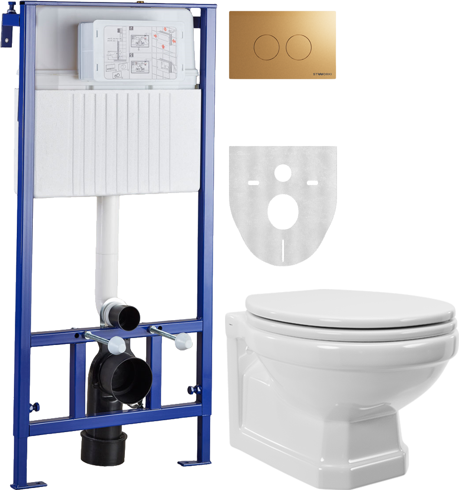 Комплект Унитаз подвесной STWORKI Драммен HDC609WH с микролифтом + Инсталляция 510163 + Кнопка Хельсинки 500474 золотая матовая