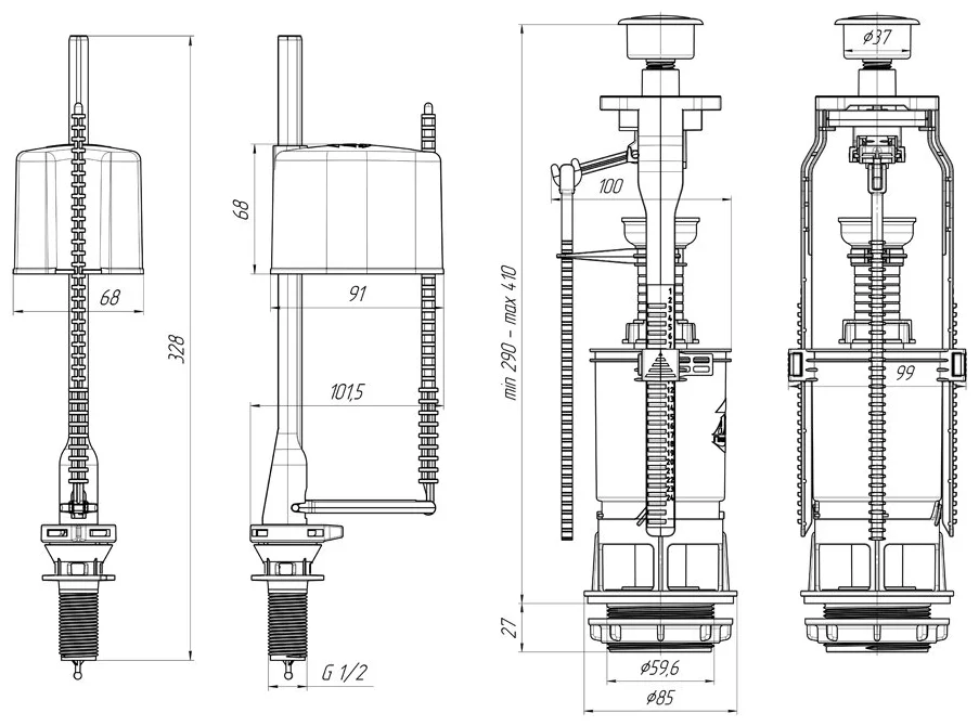 Арматура д/бачка АНИ (кноп; ниж.подв) WC6550